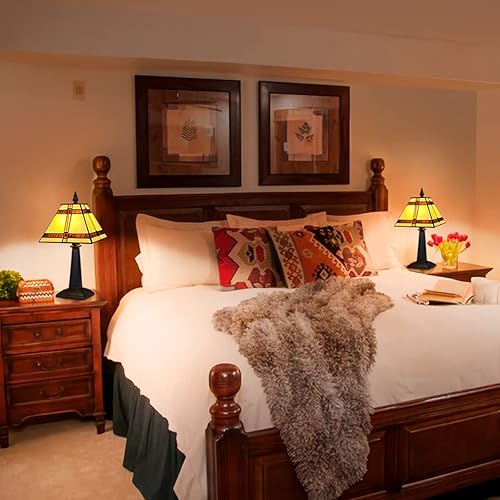 Miniatura 4 de Tiffany - Lámpara de mesa pequeña hecha a mano con vitrales, lámpara de escritorio antigua estilo misión ámbar para dormitorio, sala de estar,