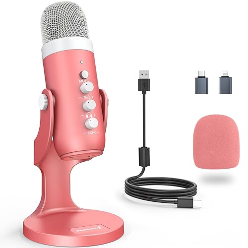 Gaming USB Microphone,ZealSound Pink Mic for iPhone Computer PC PS5,Condenser Microphone with Mute,Gain Control,Echo&Monitor Volume Adjust for Streaming Vocal Recording ASMR Podcast Singing YoutubeK66 - Pink