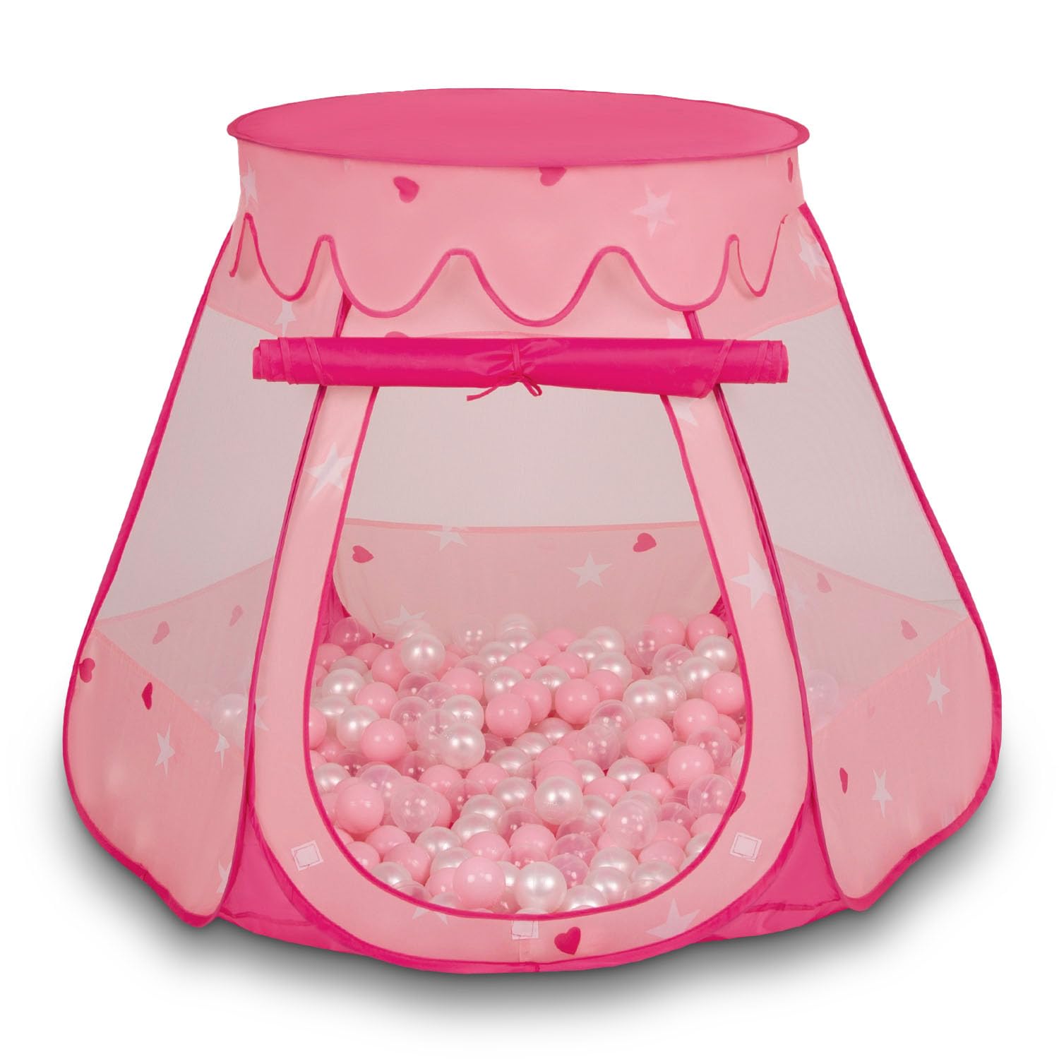 Selonis Play Tent 105X90cm/100 Balls Castle House Pop Up Ballpit Plastic Balls For Kids, Pink:Powder Pink-Pearl-Transparent โ image 1
