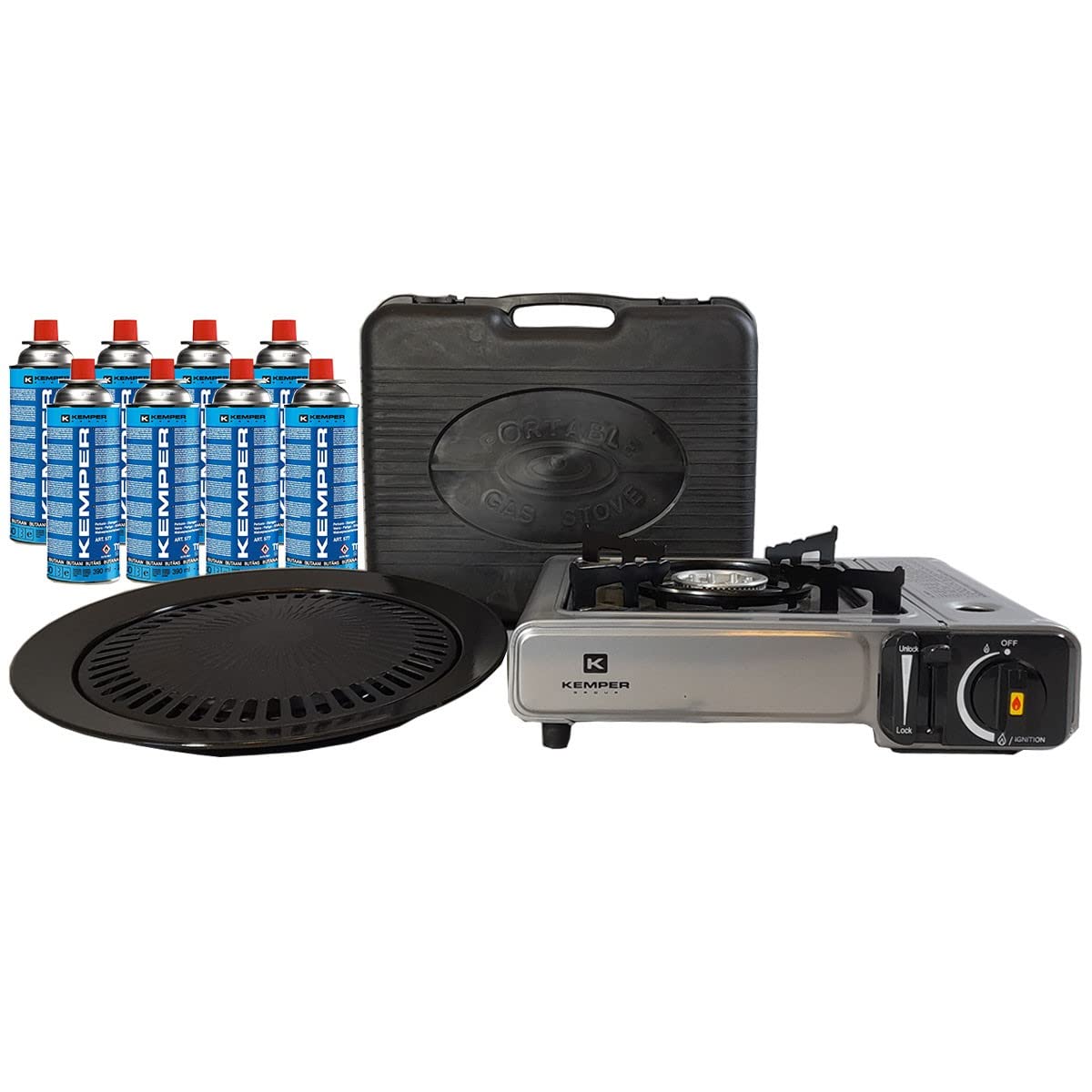 KEMPER - Barbecue Grill 2 en 1 Réchaud gaz piézo 2200 W + Plaque Grill + 8 Cartouches gaz Butane Camping