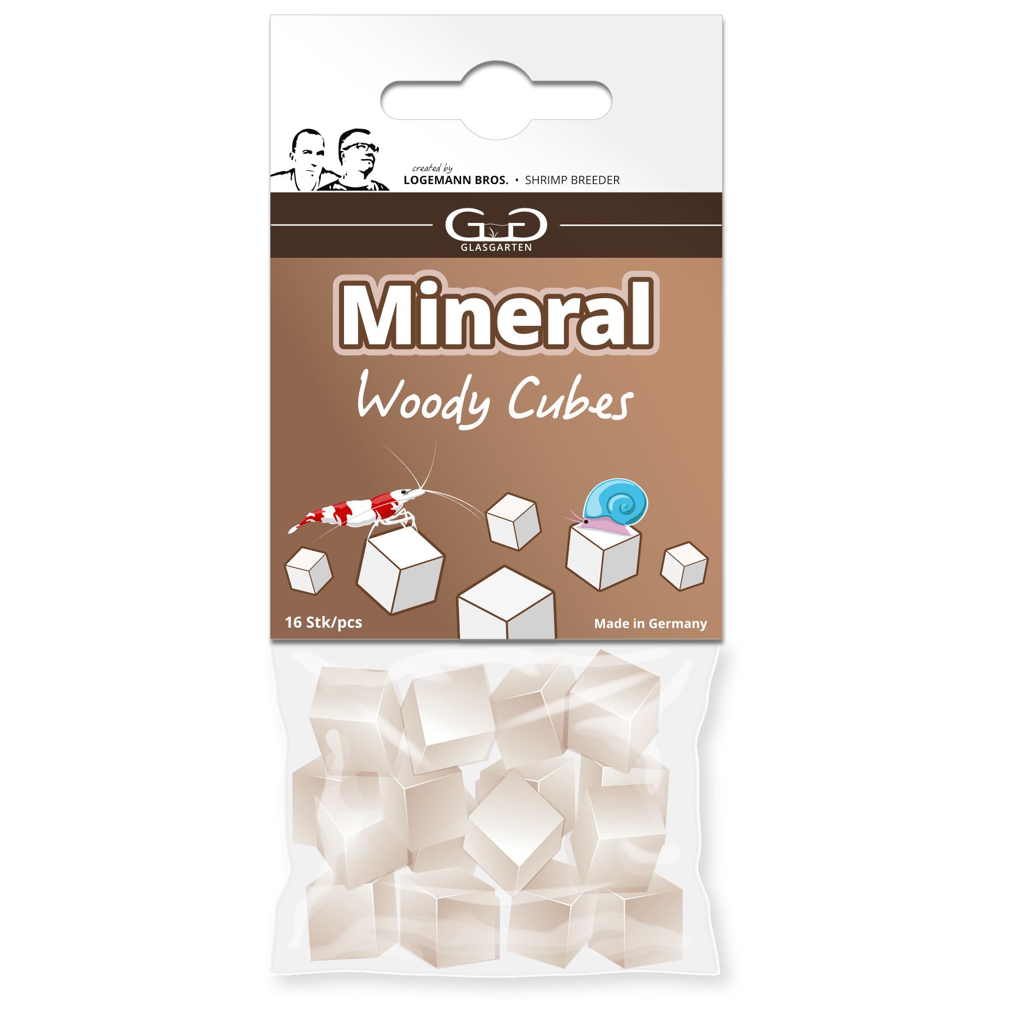 GlasGarten Mineral Woody Cubes | 16 pezzi – Mangime complementare/minerale per gamberetti decorativi, lumache e gamberi con minerali e fibre di legno