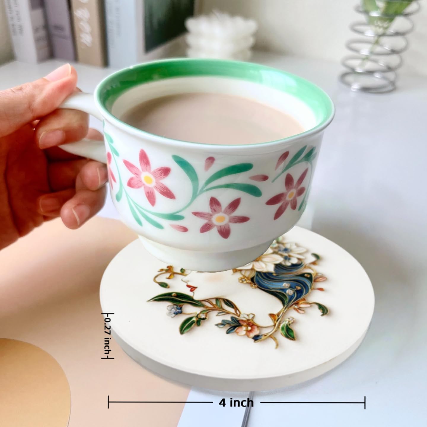 Ceramic Coasters Set of 5 Coffee Table Coasters on Cork Base with Holder Coaster Unique Blooming Girl Themed Gifts Aesthetically Pleasing Absorbent Table Protector for Drink Coaster Bar Home Decor image 5