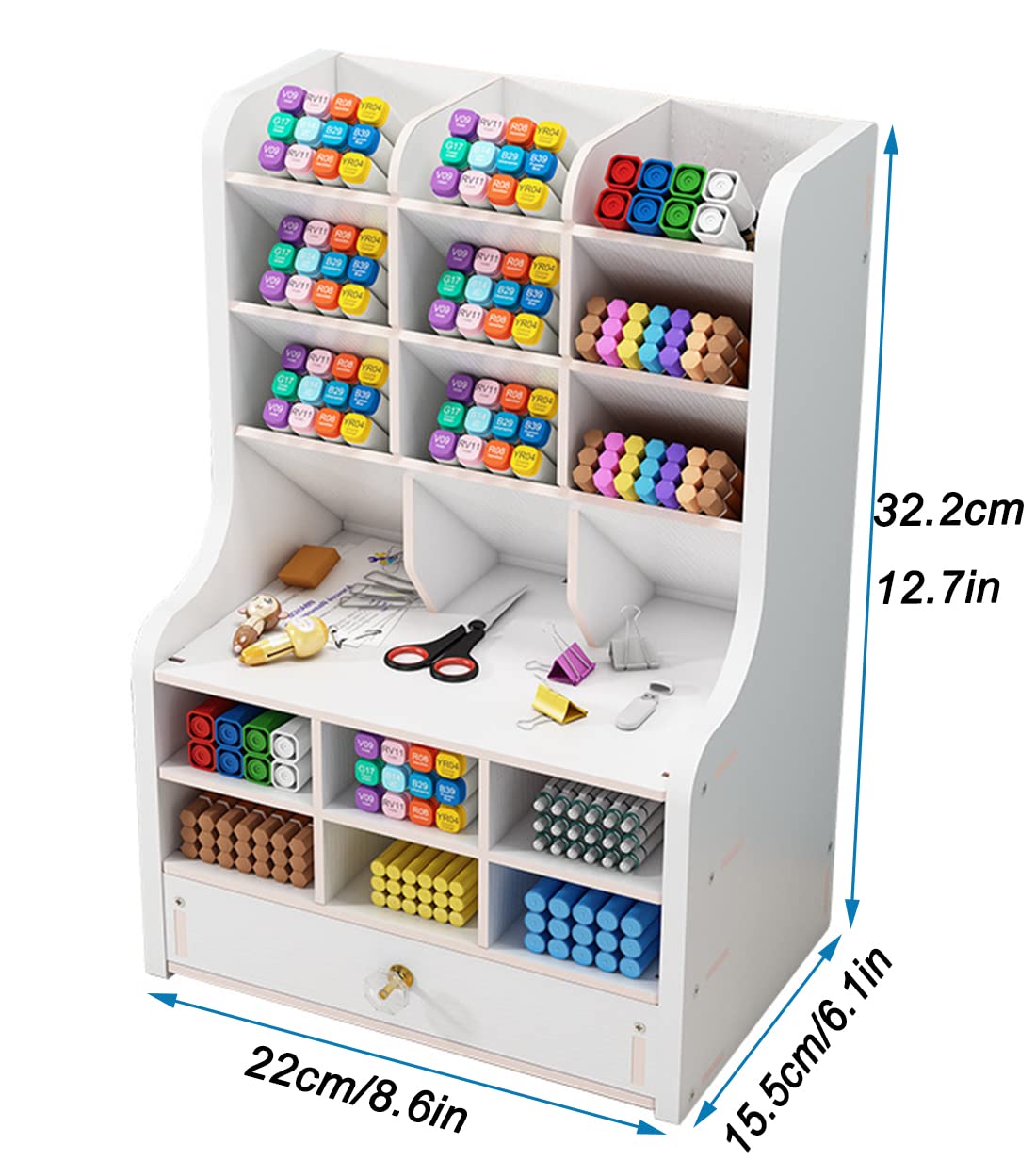 Mnkyer Organizzatore da Scrivania in Legno Scatola di Penne da Scrivania Multifunzione per Desktop in Casa Forniture per Ufficio Scolastico con Cassetto (Bianco-b16)