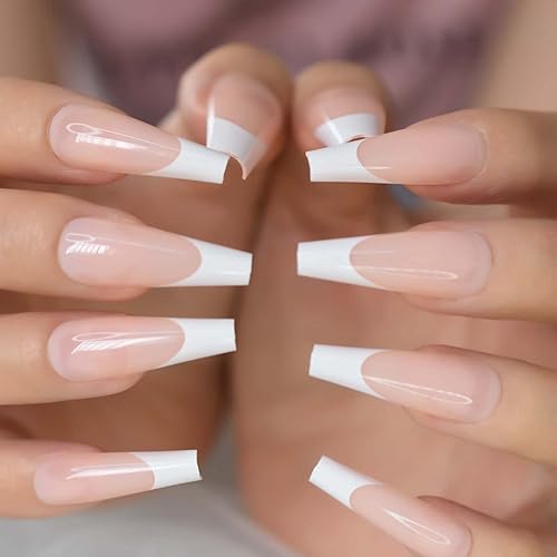 Miniatura 4 de Puntas de uñas largas tipo ataúd con parte superior blanca puntas de uñas postizas XXL uñas francesas diseñadas para uñas de gel UV uñas