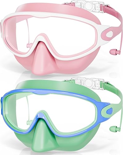 Aegend Gafas de natación con cubierta para la nariz, paquete de 2 máscaras de natación de visión amplia, antivahoUV