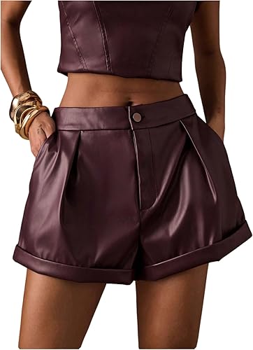 MakeMeChic Women's PU Leather Shorts High Waisted Pleated Wide Leg Dressy Shorts