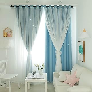 ZTHOME Cortinas opacas pesadas de doble capa con diseño de estrellas, superposición de tul, decoración del hogar, degradado, para guardería, aislamiento térmico, para habitación de bebé, 98.5 x 106.3
