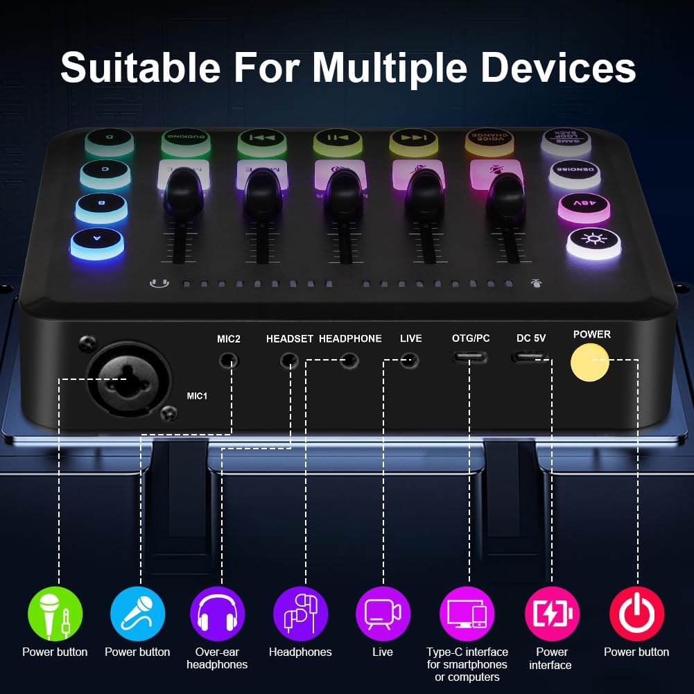 RUBEHOOW Condensatormicrofoonset, streaming-apparaat met DJ-mixer, geluidskaart voor live, opname, pc, karaoke en spelstem
