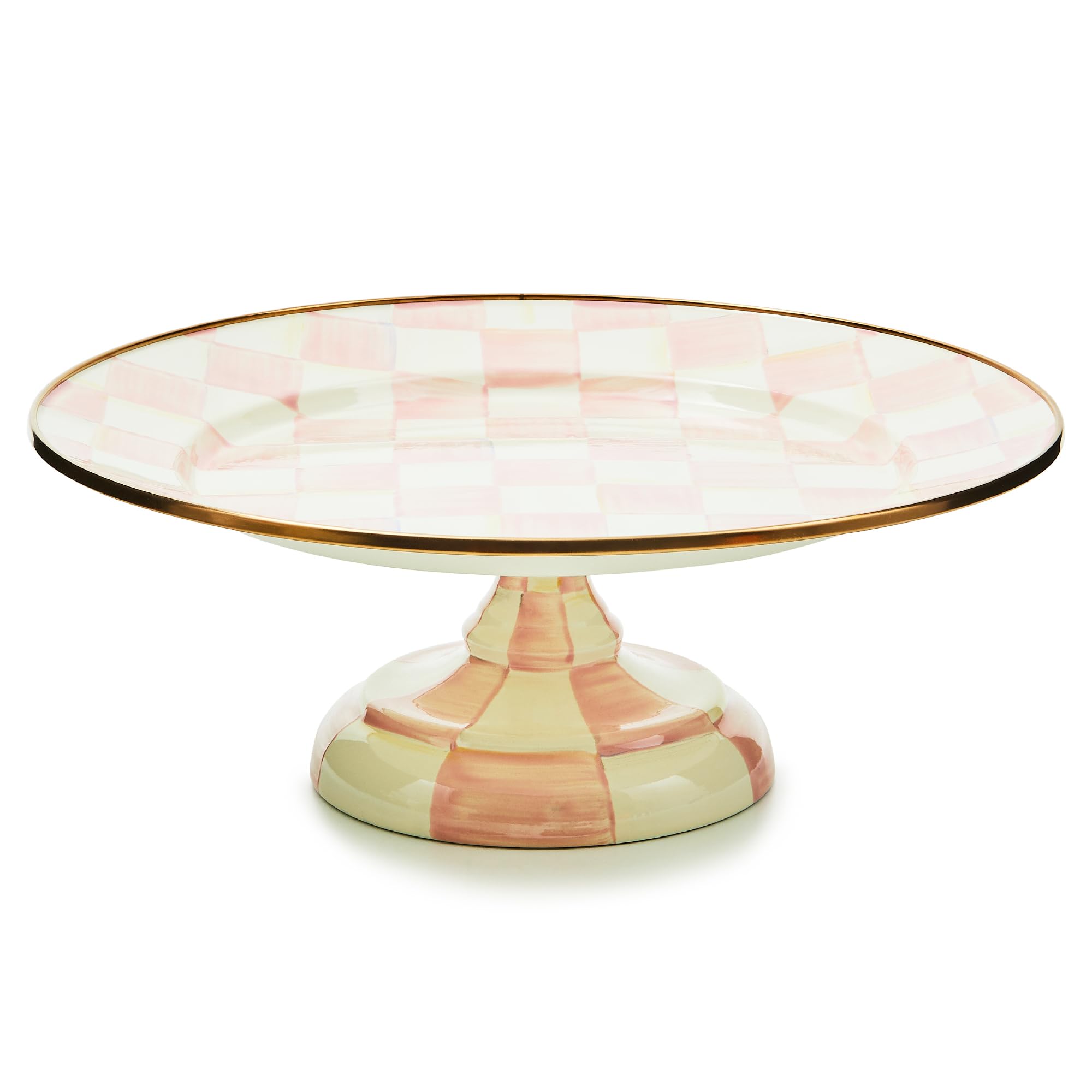 MACKENZIE-CHILDS Enamel Pedestal Platter, Round Cake Stand, Small, Pink-and-White Rosy Check
