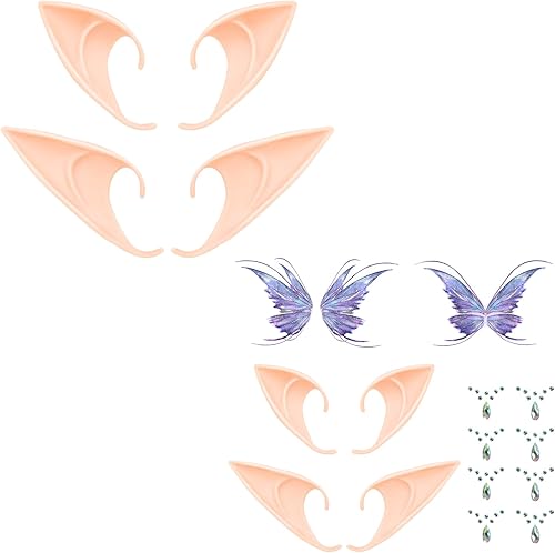2 pares de orejas de elfo y kit de cosplay para festivales, 8 hojas de gemas para la cara, 2 pares de orejas de elfo, 2 hojas de tatuajes de