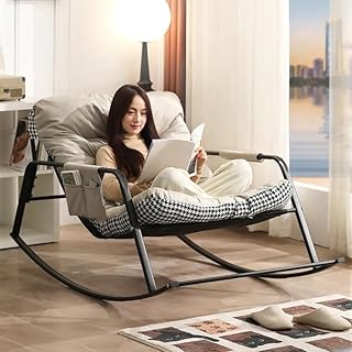 Oversized Lounge Rocker Chair with Padded Cushion Side Pocket and Pillow Metal BaseOutdoor Lazy Chair for Backyard Garden Front Porch Patio Living Room (Off-Gray)