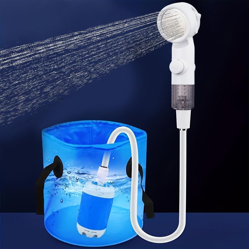 Ducha portátil para camping al aire libre, bomba con cabezal rociador recargable, bombea agua desde balde, ideal para camping, senderismo y viajes miniatura 1