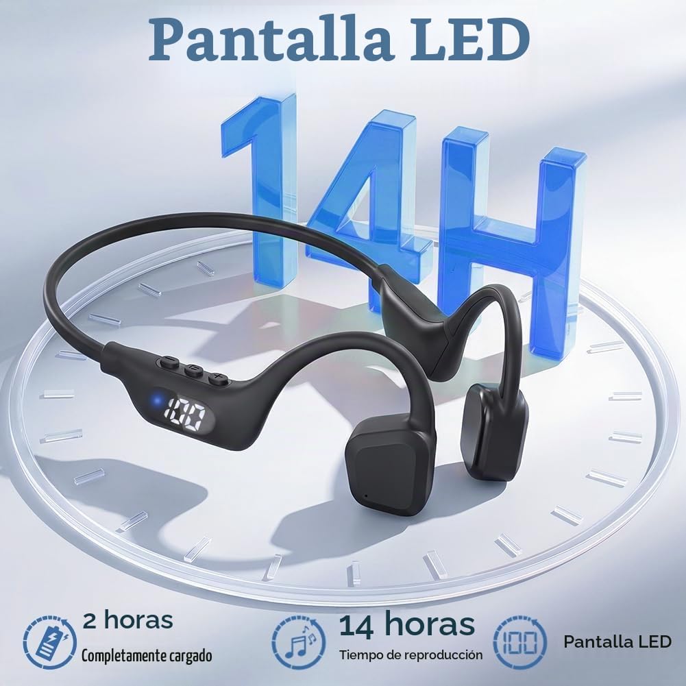Auriculares Conducción Osea Bluetooth 6.0, Deportivos Auriculares Open Ear 14H Reproducción, IPX8 Cascos Conduccion Osea Inalambricos Pantalla LED, Calidad De Sonido HD para Running Ciclismo Fitness