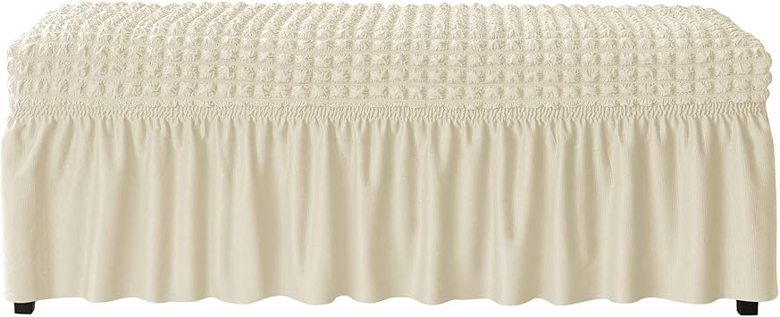Seersucker Dining Bench Cover with Skirt-Beige-Large | Stretch Bench Slipcover, Soft Removable Seat Protector Cover for Dining Room