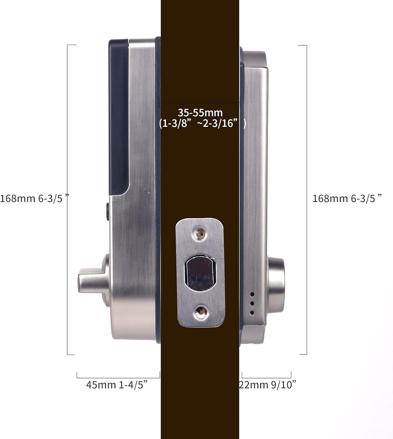 Image showing the HARFO D02 Smart Deadbolt being installed on a door, with text 'Easy to Install, No need to drill extra holes.'