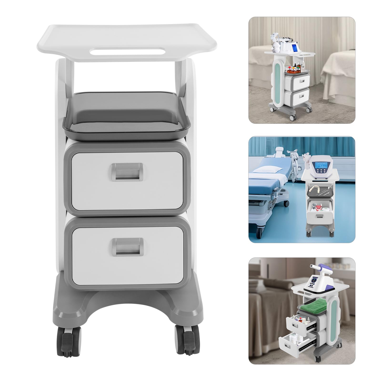 Carrello medico con 2 vassoi e cassetto, carrello da laboratorio in ABS di alta qualità, con 4 ruote universali, fino a 60 kg, bianco