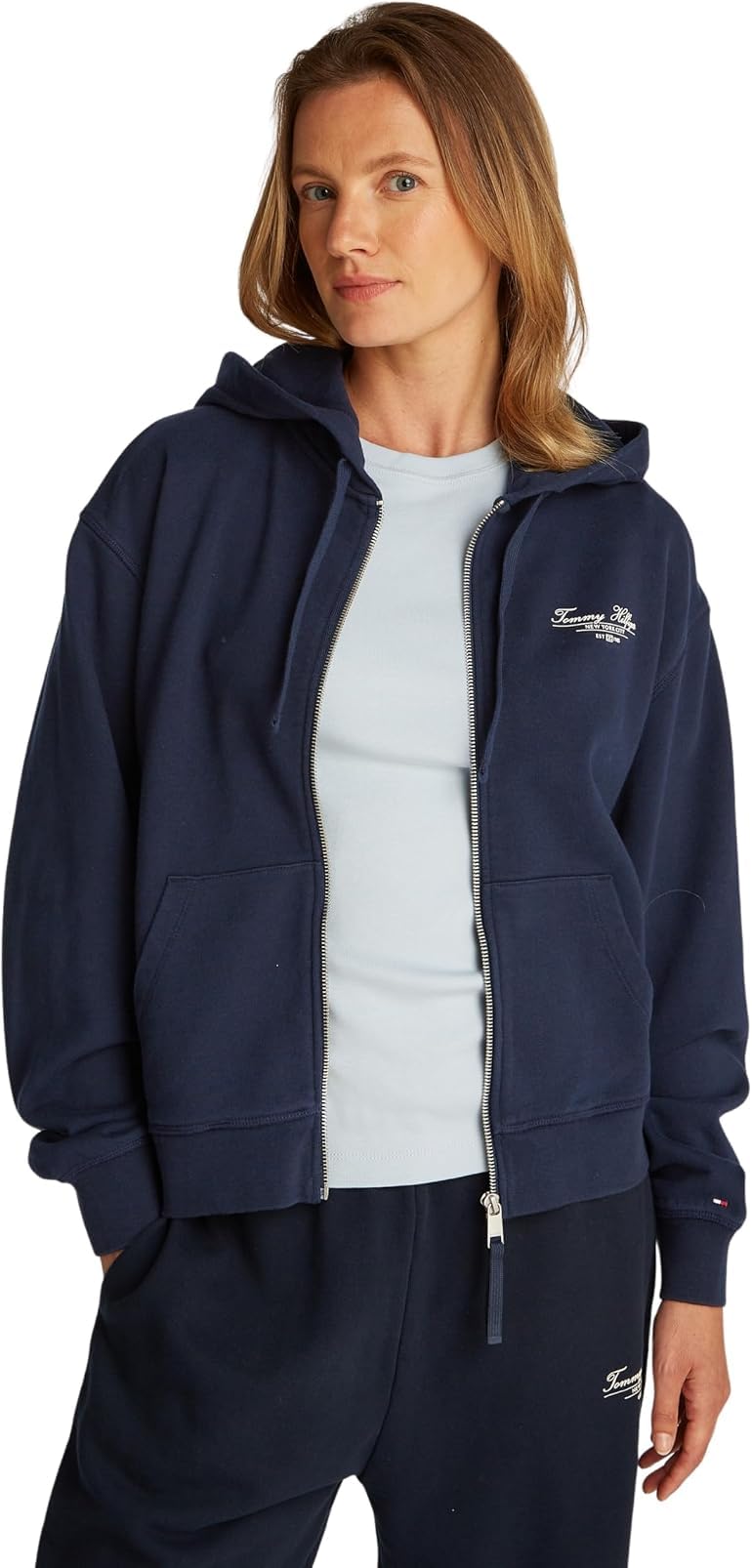 Tommy Hilfiger Women’s Script Zip Sweatshirt with Hood, Blue (Dark Night Navy), S