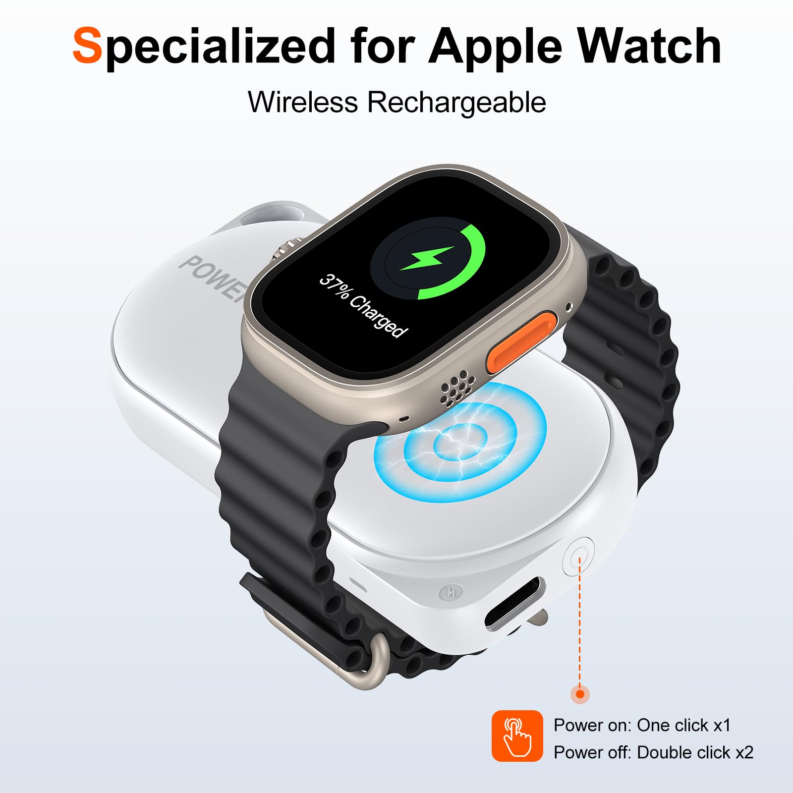 Facbiny Portable Wireless Watch Charger, 1200mAh Keychain Wireless Power Bank with Type A-C Cable, Travel for Apple Watch Series 9/8/7/6/5/4/3/2/SE2/SE/UItra/UItra 2, White