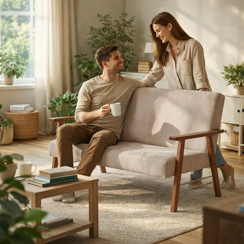 MA MAISON Divano da Giardino in Legno 59X77X91H CM - in Tessuto, Imbottito, Braccioli, da Arredo, Interno, Esterno, per Soggiorno, Terrazza, Resistente, Relax, Moderna - Made in Italy (Beige)