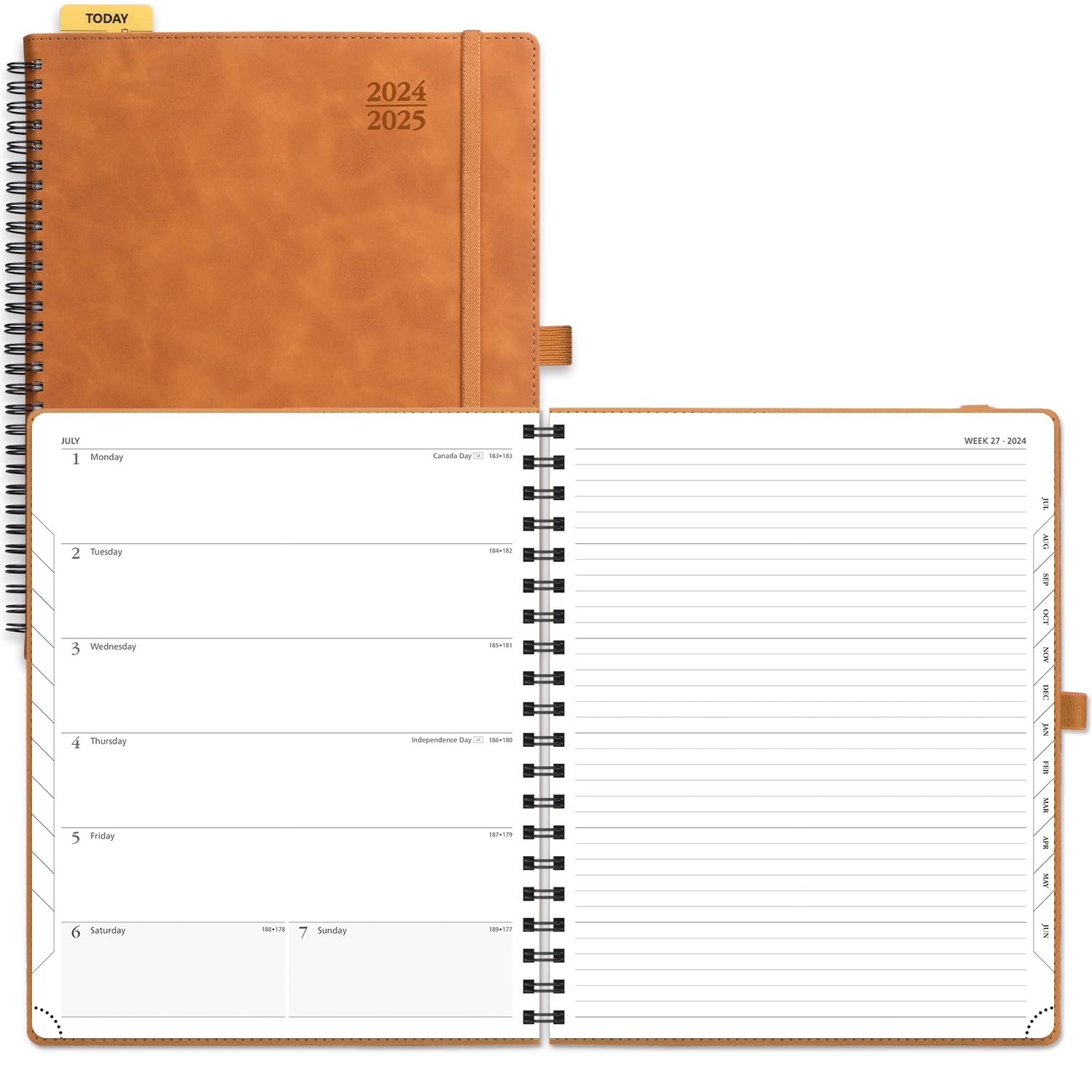 POPRUN Planner 2024-2025 Weekly Notebook 8.5''x 10.5'', Academic Calendar (JUL.24 - JUN.25) Appointment Book with Monthly Tabs, Spiral Soft Cover, Inner Pocket, 100 GSM - Brown