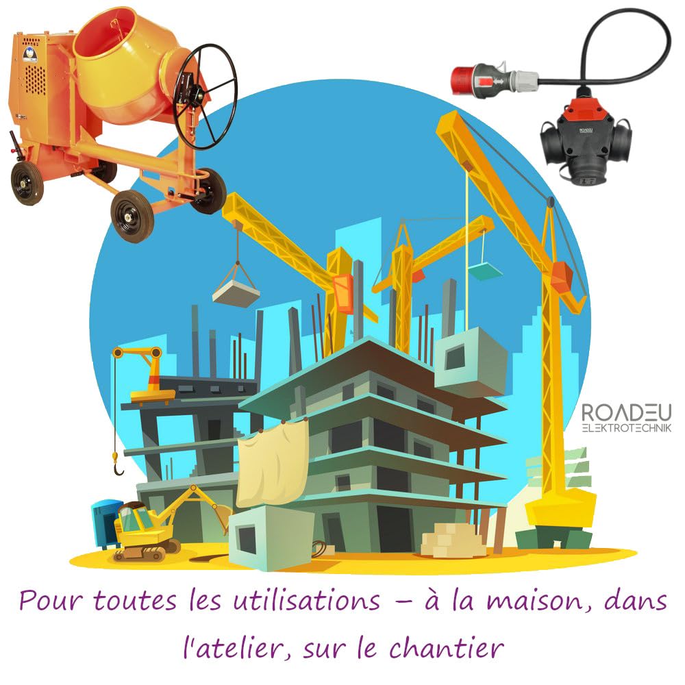 RoadEu - Rallonge 0,5m Prise Industrielle Cordon Adaptateur - Fiche d'alimentation 16A 3P+N+E vers Triple Prise 2P+E 230V, Câble en Caoutchouc,