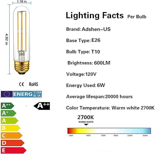 Miniatura 3 de Bombillas tubulares LED T10, blanco cálido 2700 K, 6 W, bombillas de filamento LED vintage de tubo regulable de 60 W, base media E26, bombilla LED