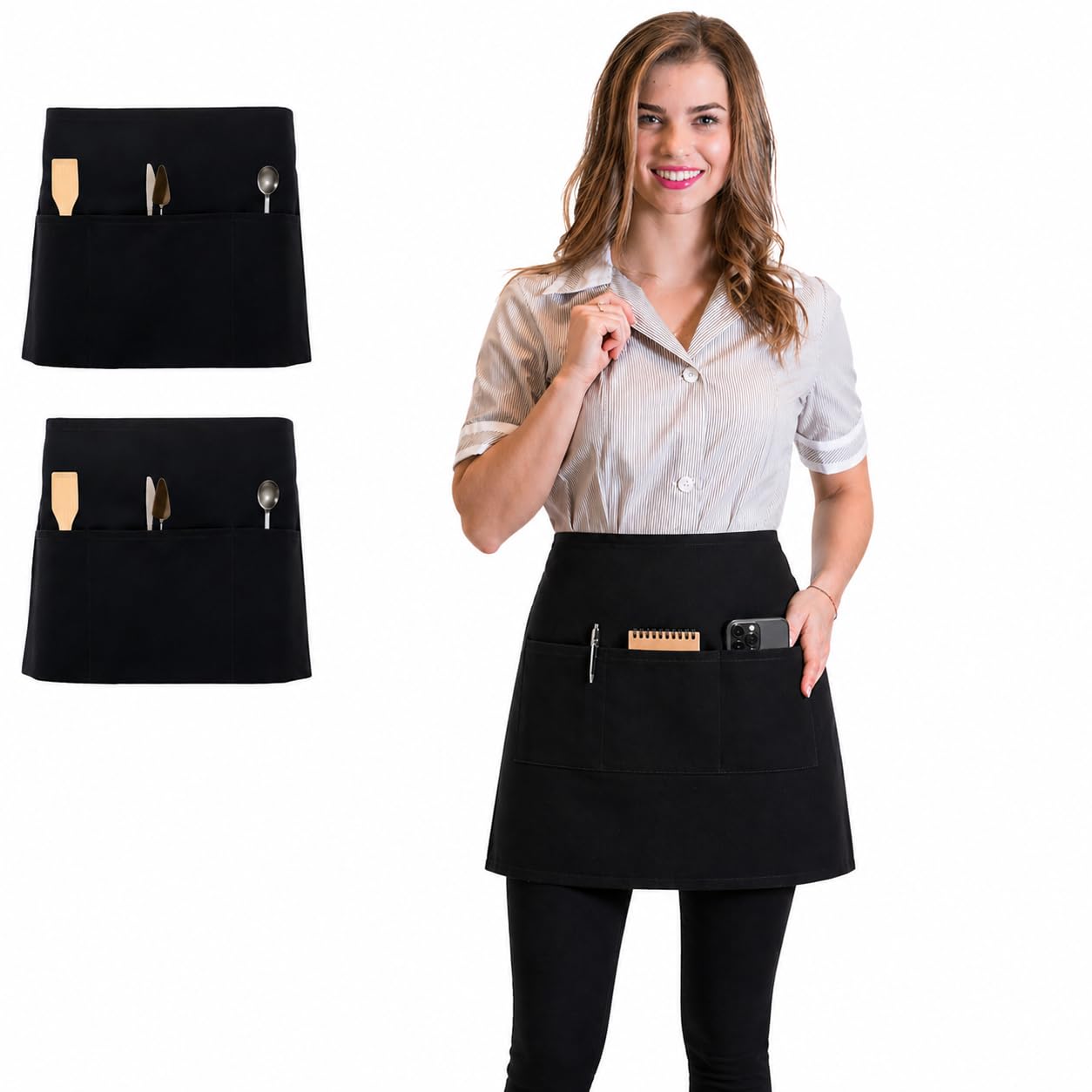 Linen Closet Men's 2 Pack Waitress Aprons Wo Ladies Half Server Waist Apron Short Black Apron With Pockets For Home Kitchen Restaurant Work, Waitress, Chef, Waiter, Cooking, Baking