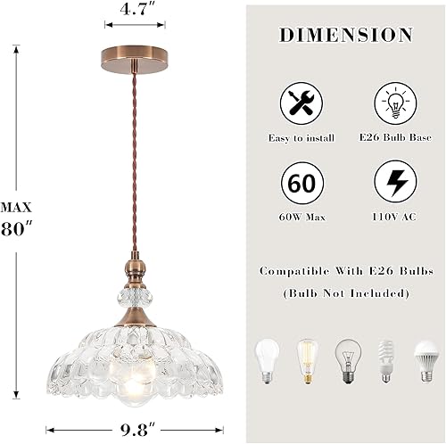 Miniatura 3 de 9.8" Vintage Pendant Lights for Kitchen Island,Small Brass Gold Hanging Pendant Lighting Fixture for Dining Room Hallway Bedroom