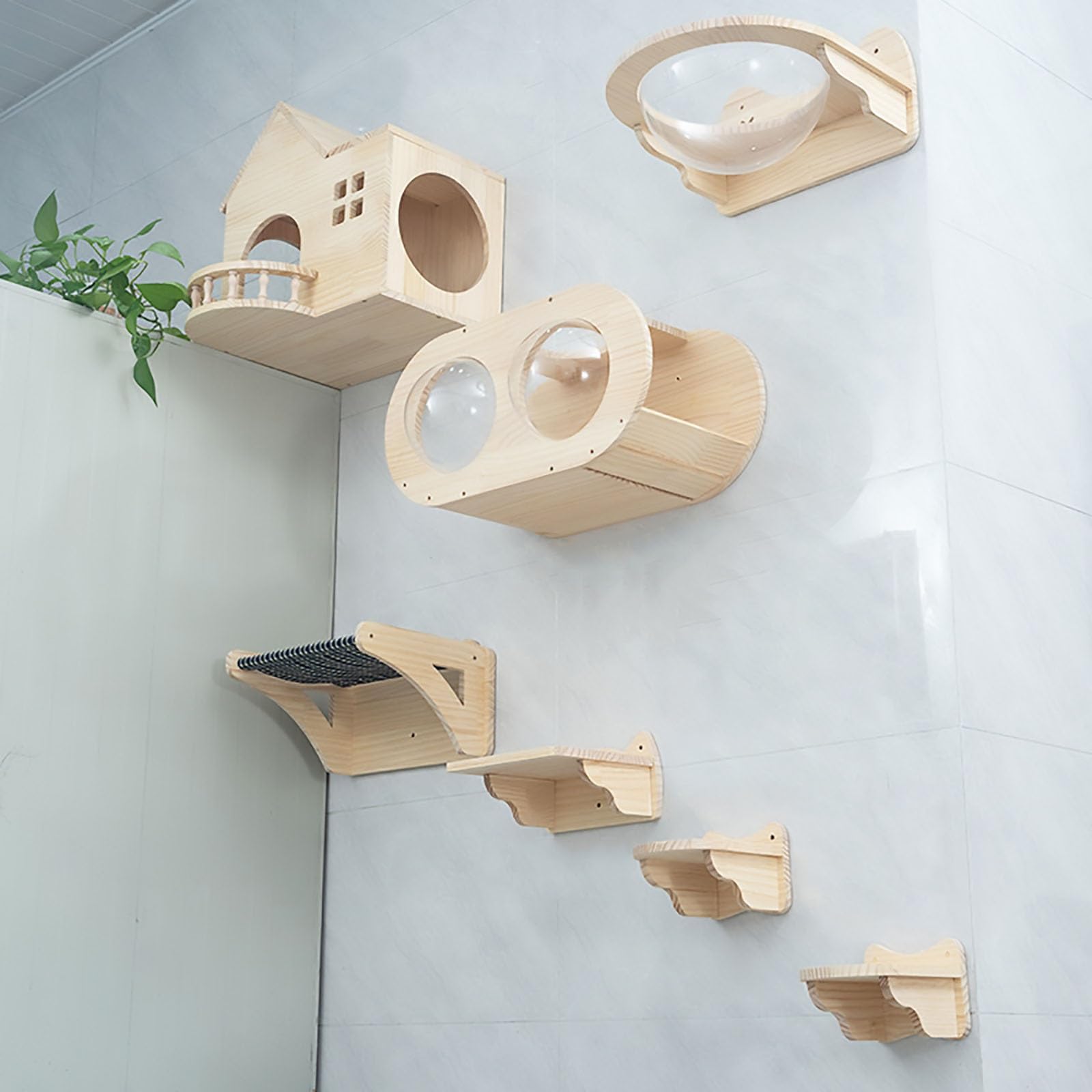 Mensola da parete in legno massello for gatti e trespolo for, nido fai te for, piattaforma for saltare, capsula spaziale, albero for in sisal(Style1)