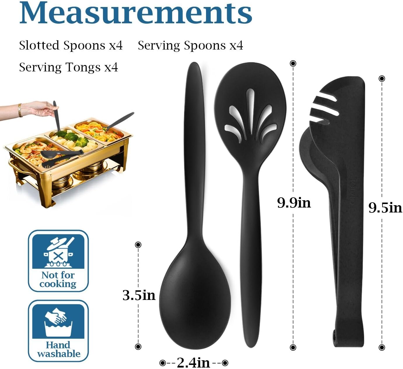Reusable Plastic Serving Utensils Set of 12, Wheat straw Large Serving set 10" Serving Spoons/10" Slotted Spoons/9.4" Tongs, for Party Buffet Catering (Black, Not for Cooking) 12 pcs Black