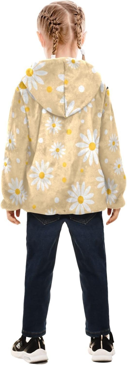 ALAZA White Daisy Hoodie Jacket for Girls Toddler Fleece Zip Up Coat Plush Jacket Long Sleeve Outerwear for 3 Years