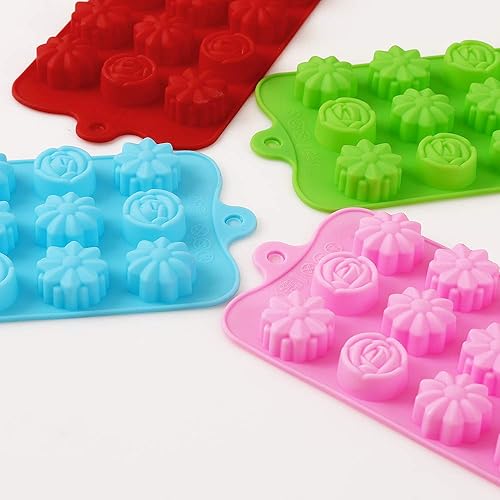 Miniatura 6 de Newk Moldes de silicona con forma de flor, 4 paquetes de 15 cavidades antiadherentes de silicona de grado alimenticio para chocolates, dulces,