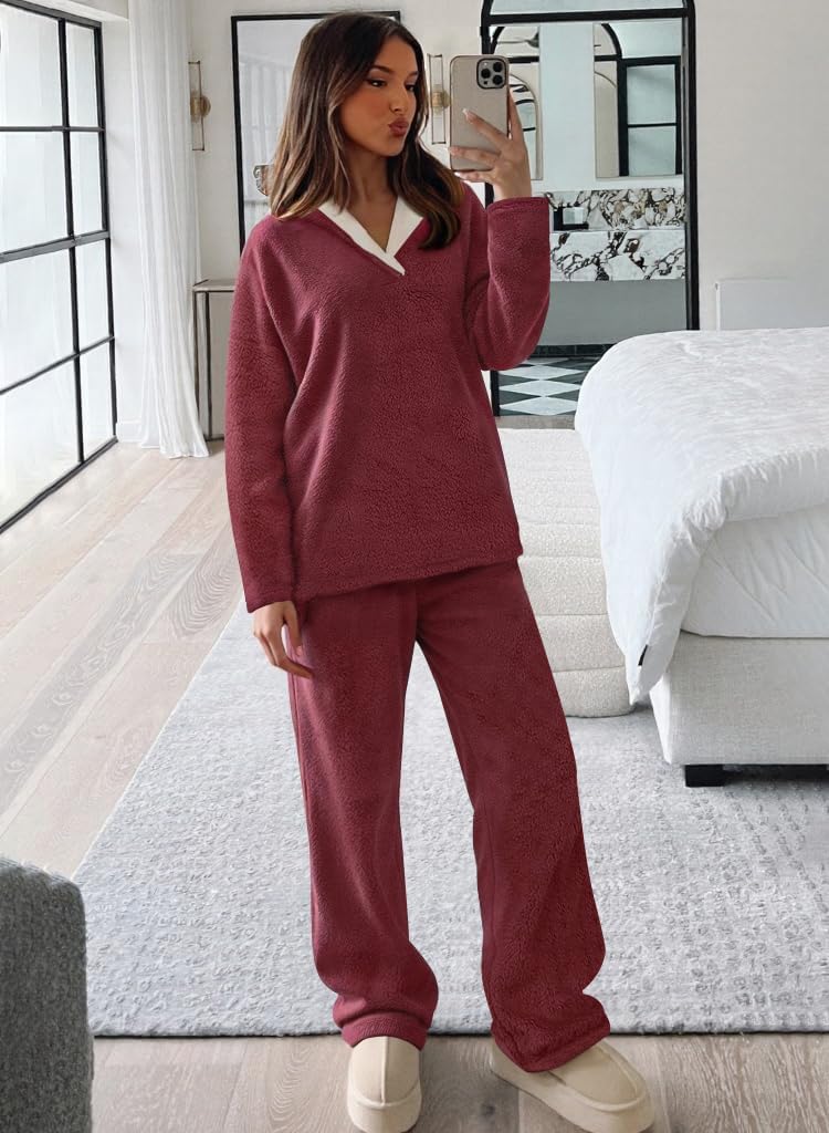 Muchpow Womens Fluffy Pajamas Set Winter Warm Fleece Oversized Pullover Fuzzy Pants Sets Plush Loungewear 2 Piece Pjs - Image 6