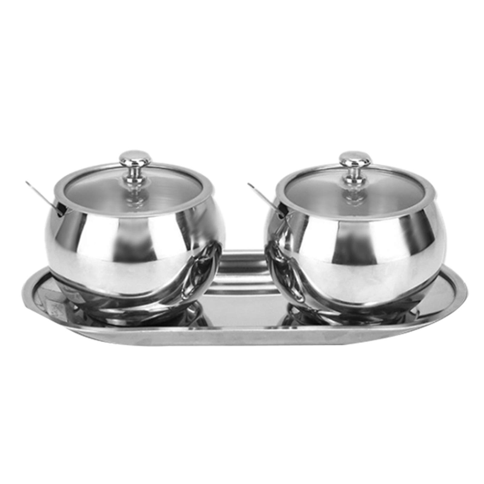 Contenitori per Condimenti Ciotola di Zucchero con Coperchio e Cucchiaio, 2 barattoli di Sale in Acciaio Inox Sale Set di barattoli con condimento, Argento Barattoli Portaspezie