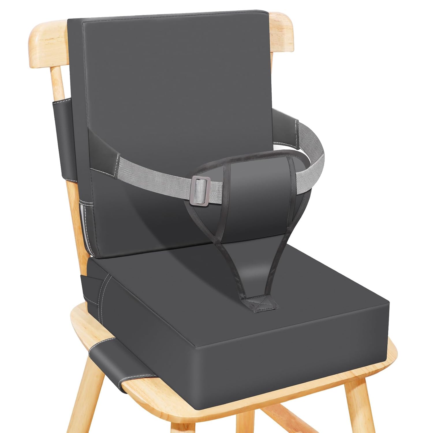 Toddler Booster Seat for Dining Table Kitchen Chair, Waterproof Non-Slip with Backrest & Adjustable Straps, Portable PU Travel Baby Kids Booster Seat Cushion Dark Grey