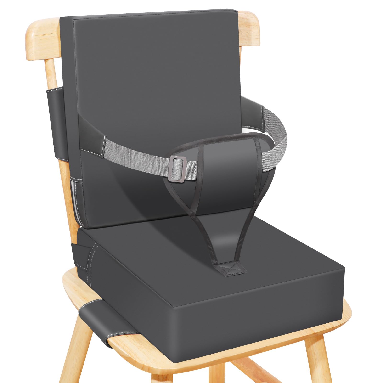 Czrrzl Toddler Booster Seat for Dining Table Kitchen Chair, Waterproof Non-Slip with Backrest & Adjustable Straps, Portable PU Travel Baby Kids Booster Seat Cushion