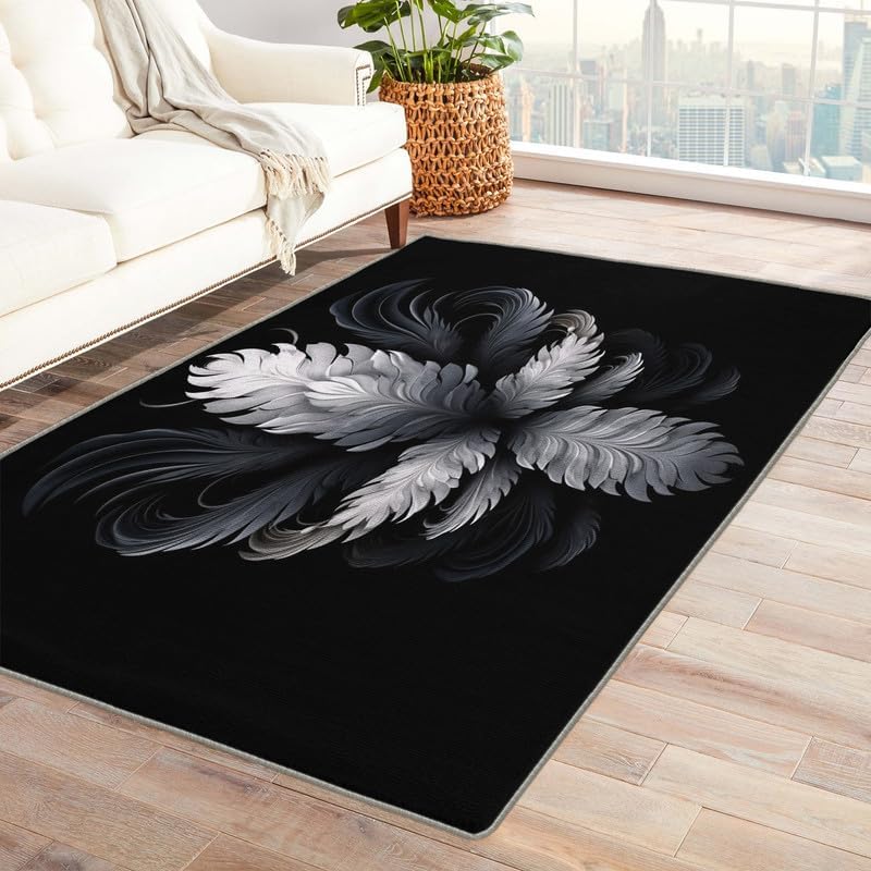 Alfombras de plumas para dormitorio, sala de estar, alfombra blanca y negra de 6 x 9 pies, lavable, antideslizante, suave, alfombra de área de pelo