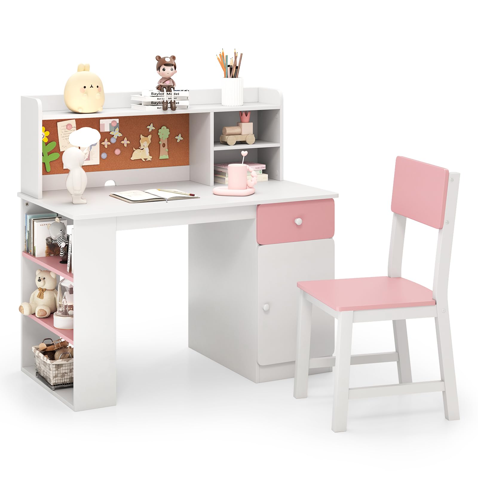Costzon Kids Desk and Chair Set, Computer Workstation for Ages 5-12 (Pink)