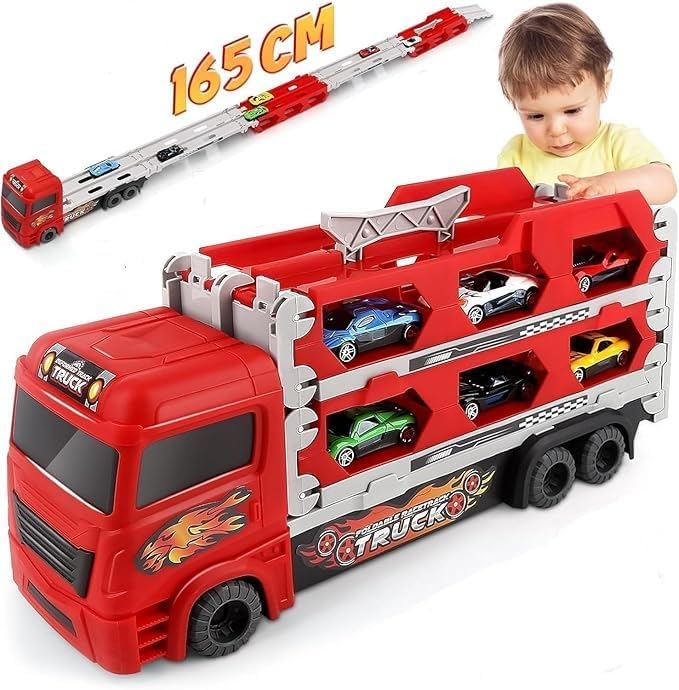 Image of WireScorts Big Hauler Storage & Deform Transport Truck Toy with 2 Foldable Ejection Race Track & 2 Pcs Die cast Cars for Kids Boys Girls 3+ Years - Red