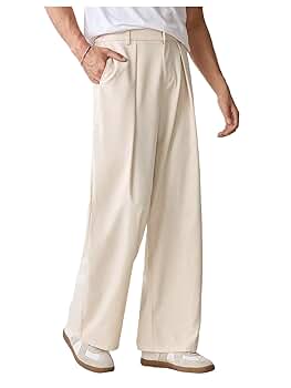OYOANGLE Men's Pleated Wide Leg Suit Pants Button Zipper Fly