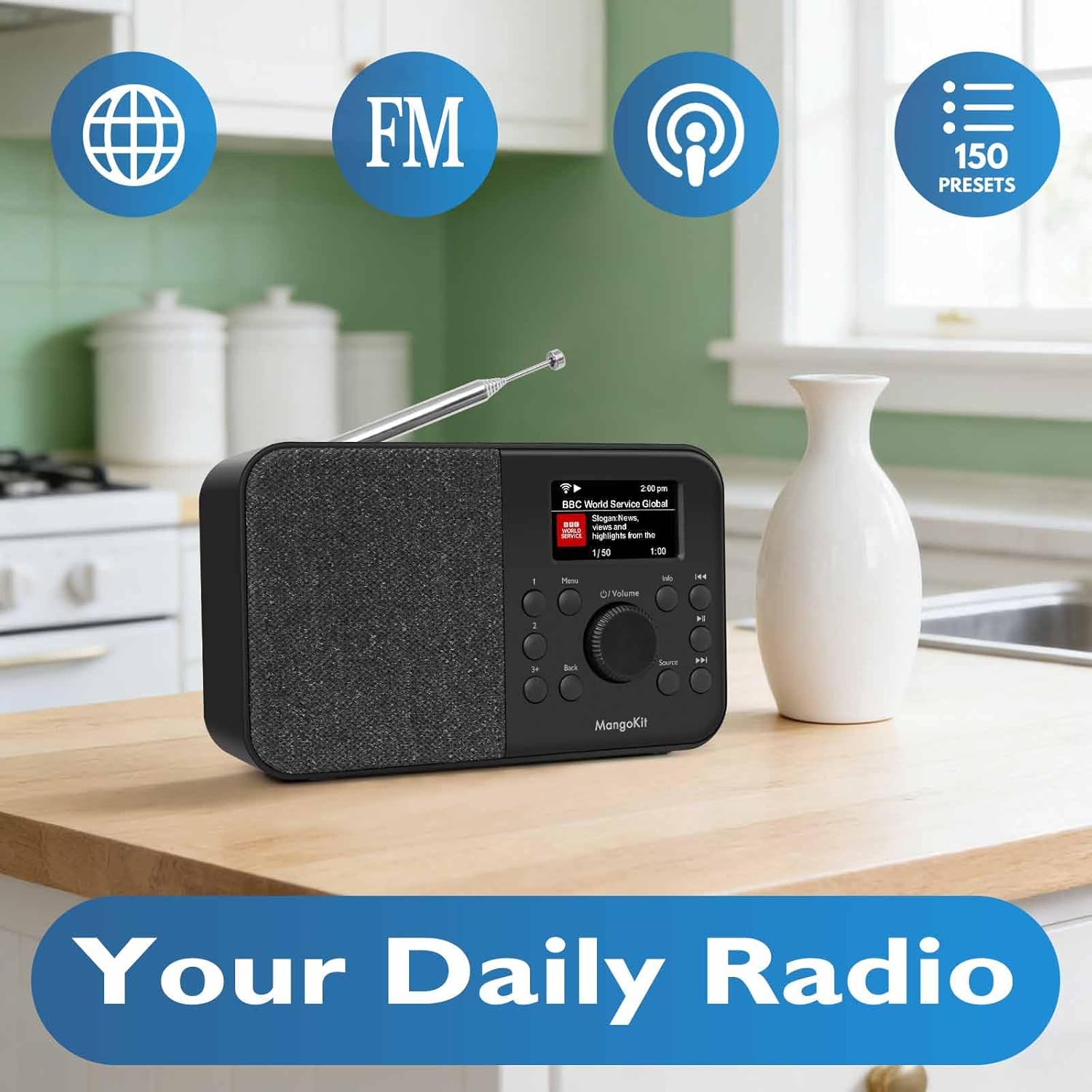 SR-L WiFi Internet Radio, Podcast Player, Bluetooth Speaker,150 Presets, Portable FM Radio, Alarm Clock Radio, Compact Kitchen Radio with Full Colour Display, Mains or Battery Powered - Black