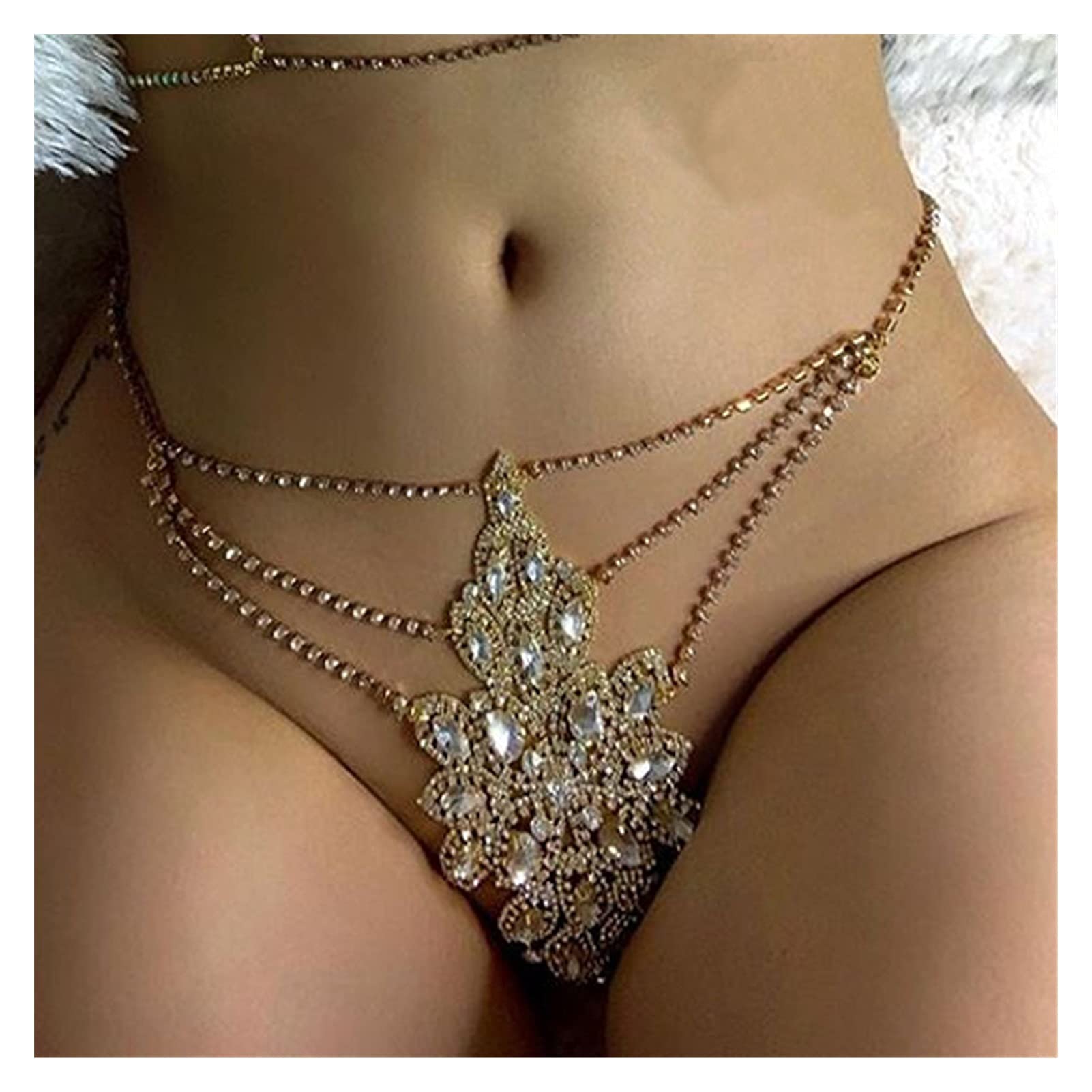 Körperkette Kristall Körperkette Bikini Harness Jewlery for Frauen Strass Kette BH Unterwäsche Set Hohlschmuck (Hauptsteinfarbe: Silber, Farbe: Goldfarbe)