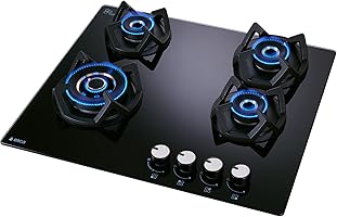 Elica Hob 4 Burner Auto Ignition Glass Top - 3 Double Ring Brass and 1 Mini Triple Ring Brass Burner Gas Stove (CLASSIC...