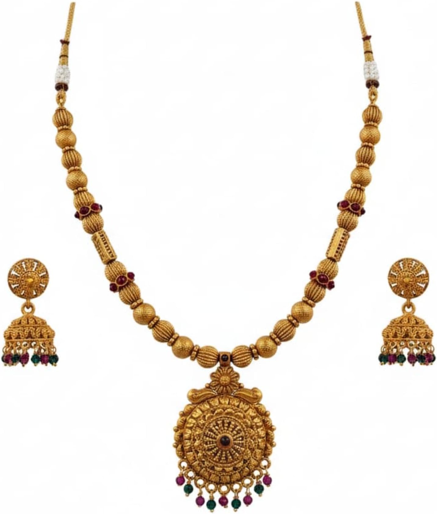 Traditional South Indian Temple Jewelry Choker Set | Antique Gold Plated Matte Finish Round Pendant Choker Necklace with Jhumka Earrings | Jewelry for Women & Girls Style