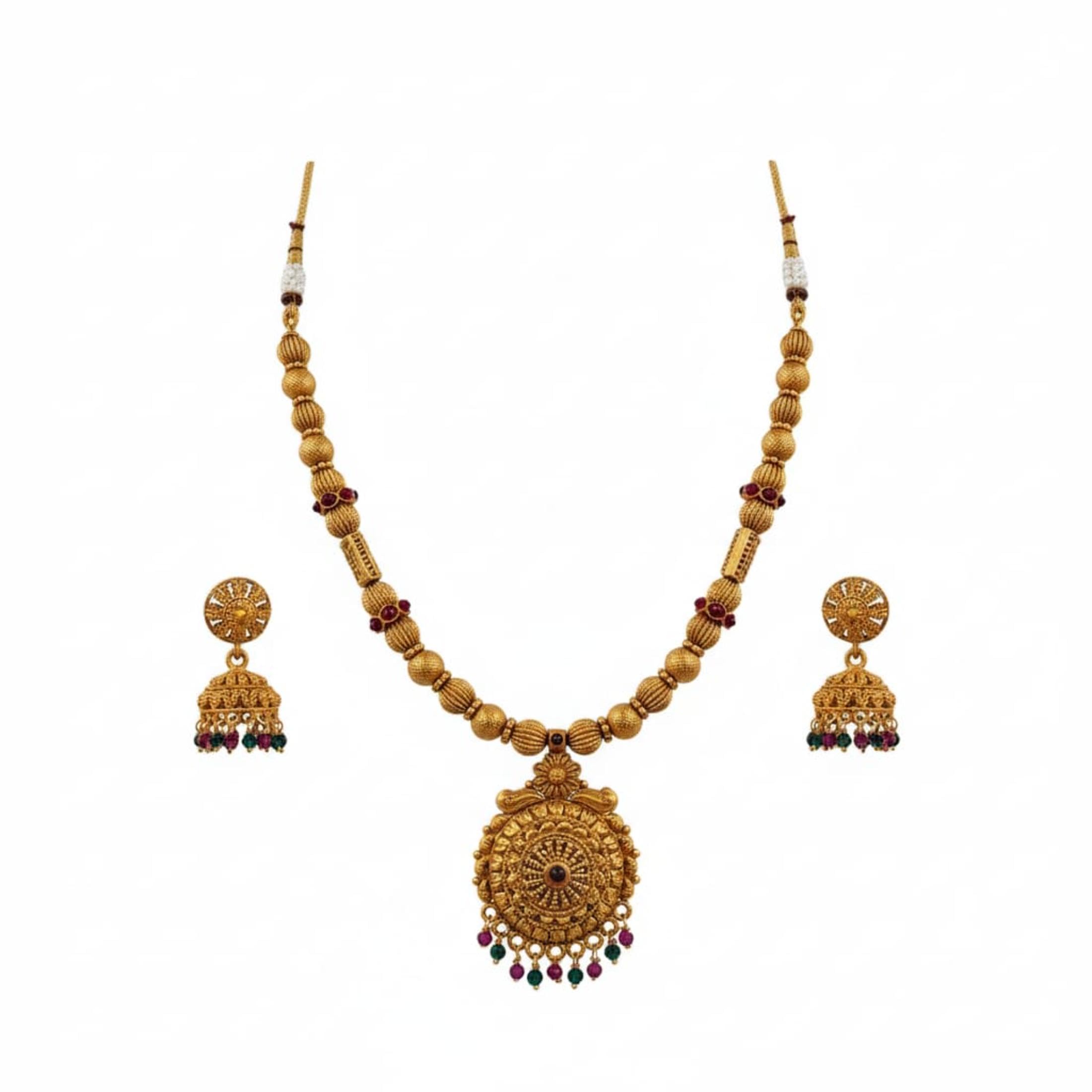 Traditional South Indian Temple Jewelry Choker Set | Antique Gold Plated Matte Finish Round Pendant Choker Necklace with Jhumka Earrings | Jewelry for Women & Girls Style
