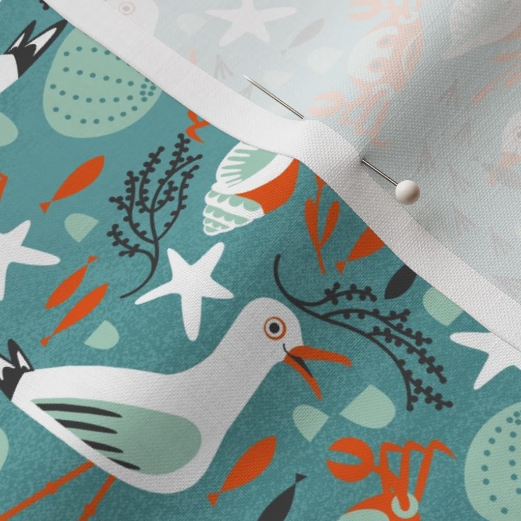Spoonflower Fabric - Summer Seaside Sea Beach Ocean Small Teal Scale Print Seagulls Crabs Printed on Petal Signature Cotton Fabric by The Yard - Sewing Quilting Apparel Crafts Decor