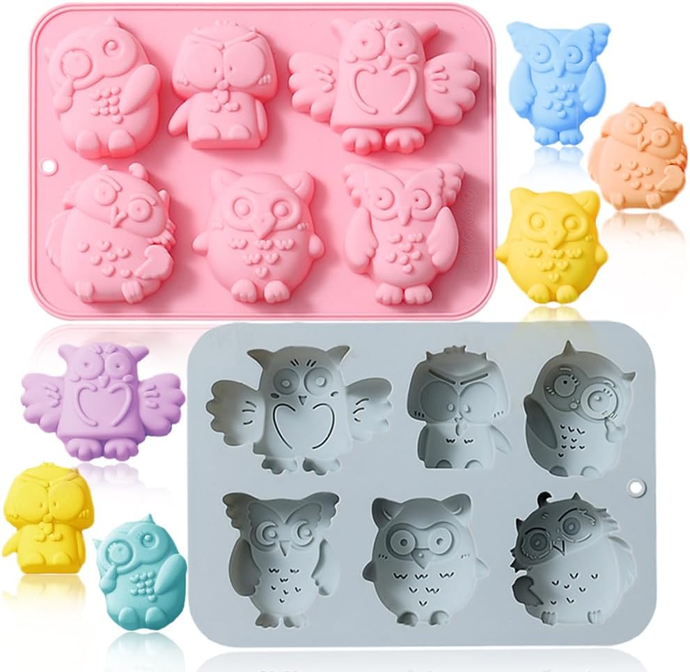 2 Pack Chocolate Molds Different Owl Shapes Silicone Molds for Cake Gummy Jello Ice Cube Crayon, Cake Decoration Soap Molds Silicone Baking Mold Making Kit, Lovely & Fun for Kids