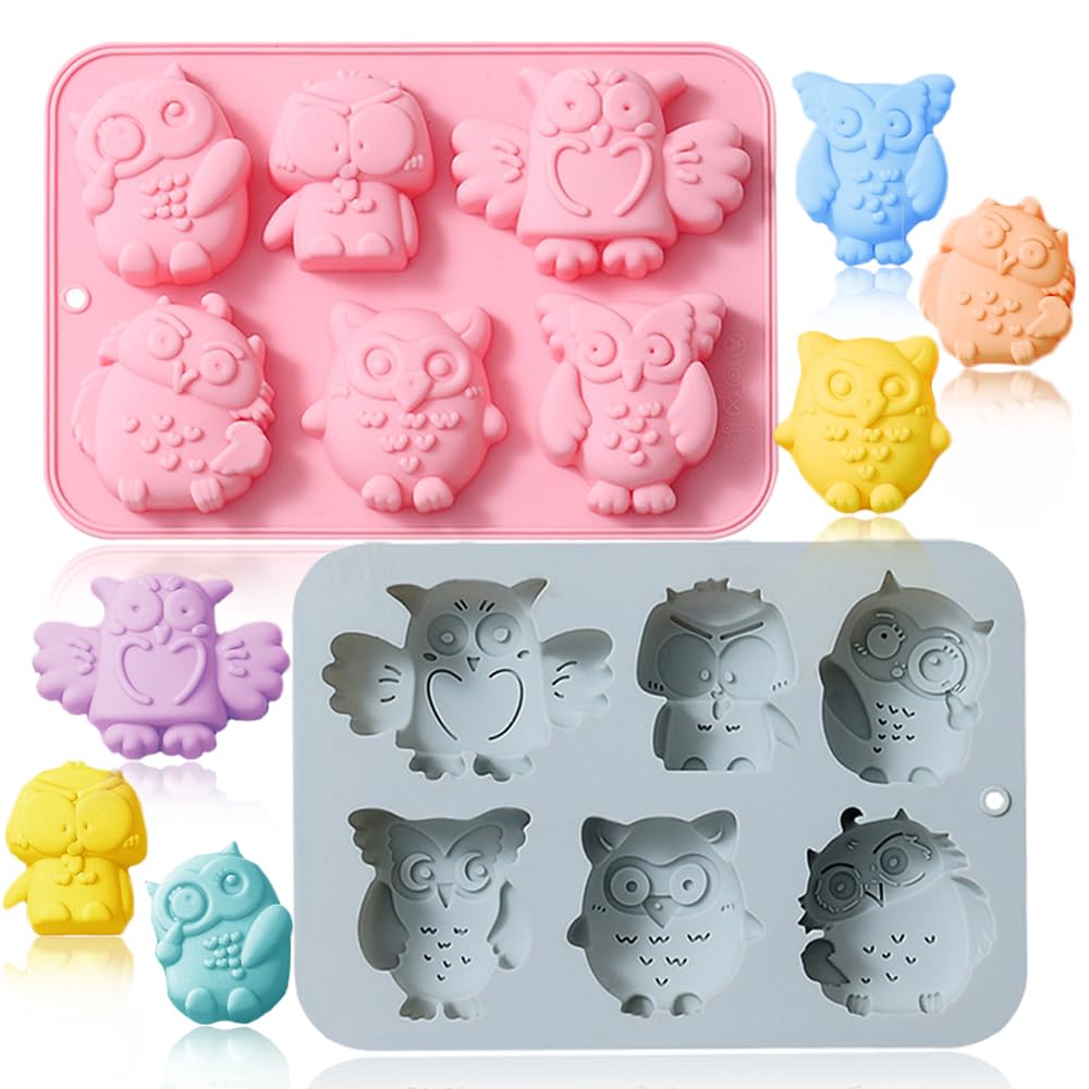 OURASHERO 2 Pack Chocolate Molds Different Owl Shapes Silicone Molds for Cake Gummy Jello Ice Cube Crayon, Cake Decoration Soap Molds Silicone Baking Mold Making Kit, Lovely & Fun for Kids