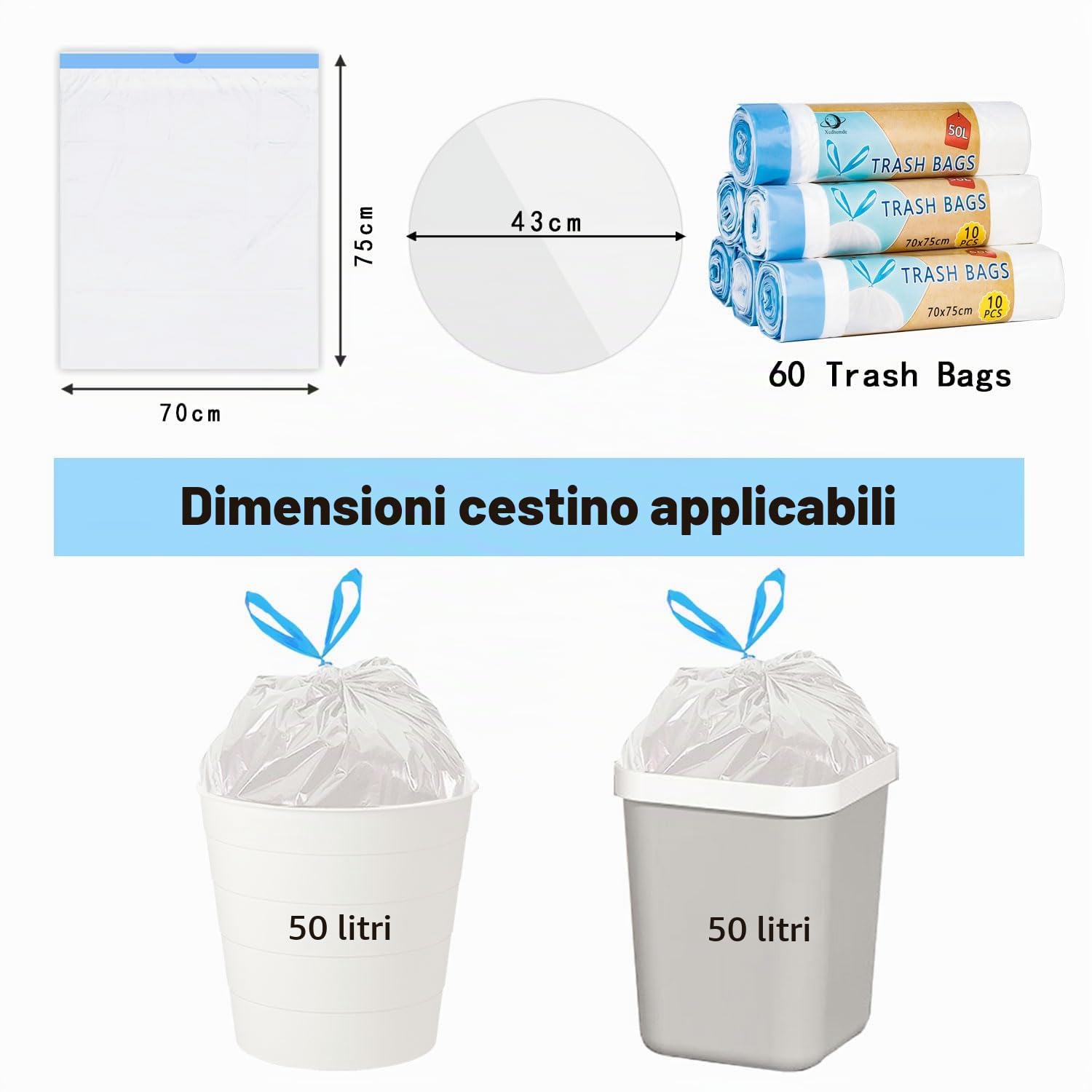 60PCS Sacchi Spazzatura 50L, LxH: 70x75cm, Bianco, Polietilene-Sacchetto Della Spazzatura, UE Adatto per la Maggior Parte dei Medi ''50L'' Pattumiera(6 Rotoli, 10 per Rotolo)