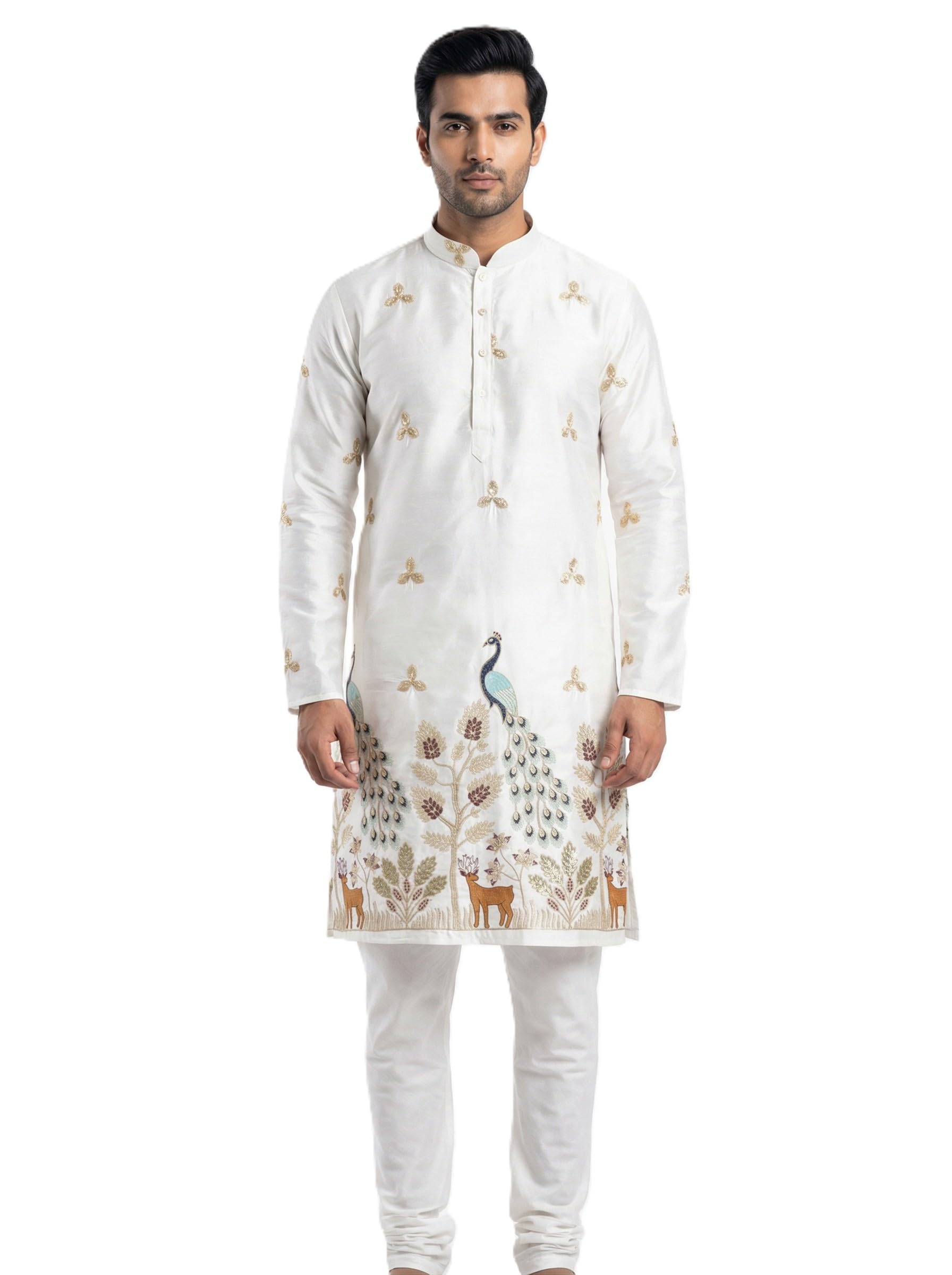 Men’s Satin Kurta with Peacock & Deer Embroidery, Full Sleeve-picture-18